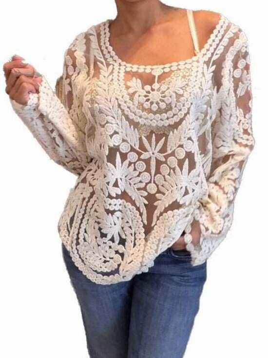 Neiman Marcus Tops - Neiman Marcus Sheer Crochet Embroidery Lace Floral Blouse White